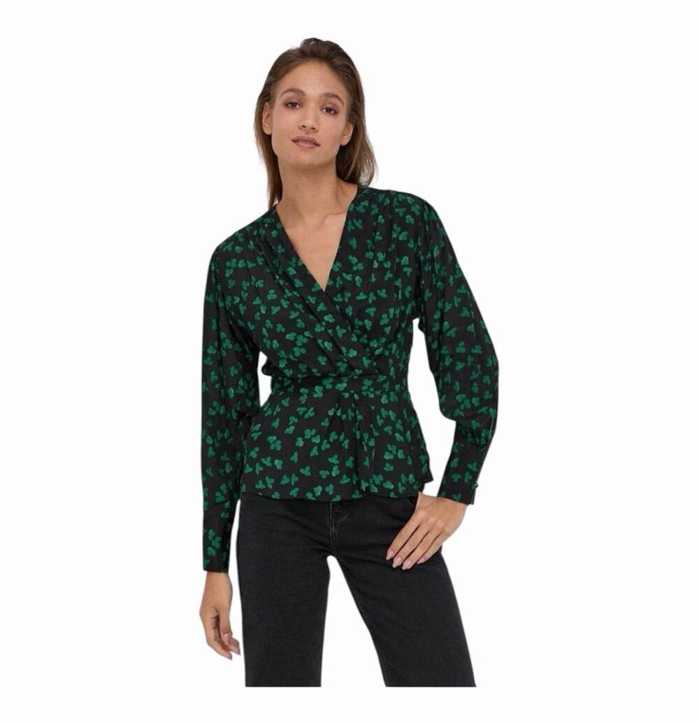 The Kooples Naive Romantic Flowers Silk Peplum Top Black Green Size 1 NWT